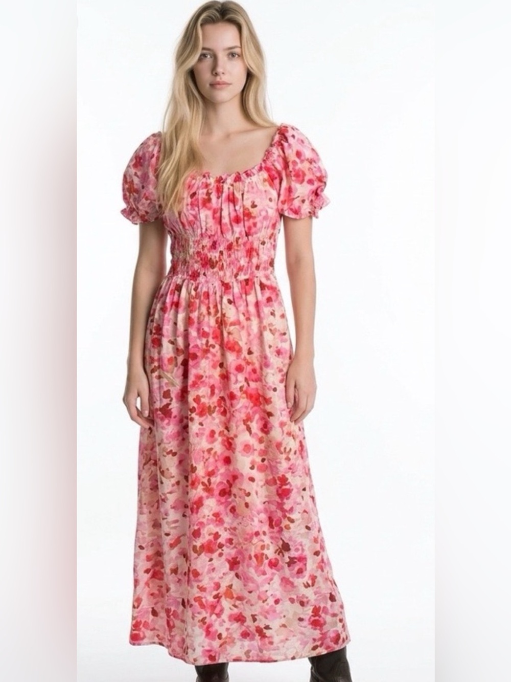 H&M Pink & Red Floral Puff Sleeve Maxi Dress size Large
